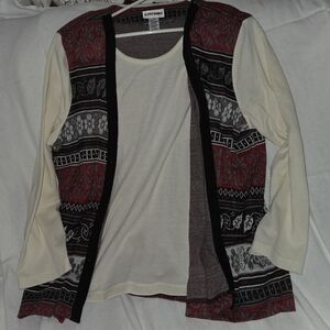 Alfred Dunner Cream and Burgundy Patterned Attached Cardigan